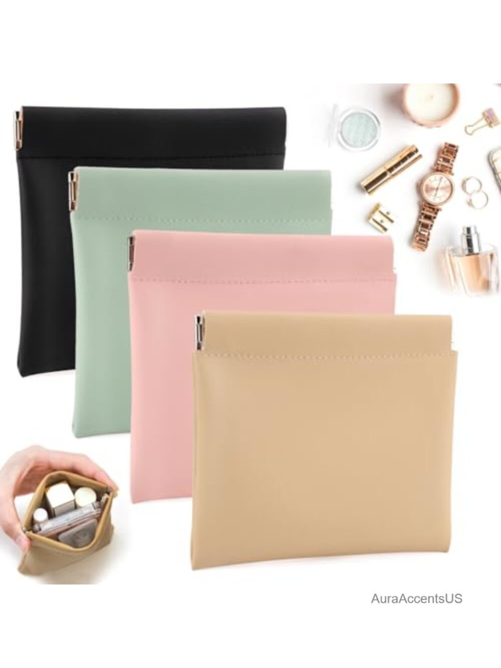 Set of 4 Mini Faux Leather Cosmetic Pouches Travel Makeup Bags Coin Purse